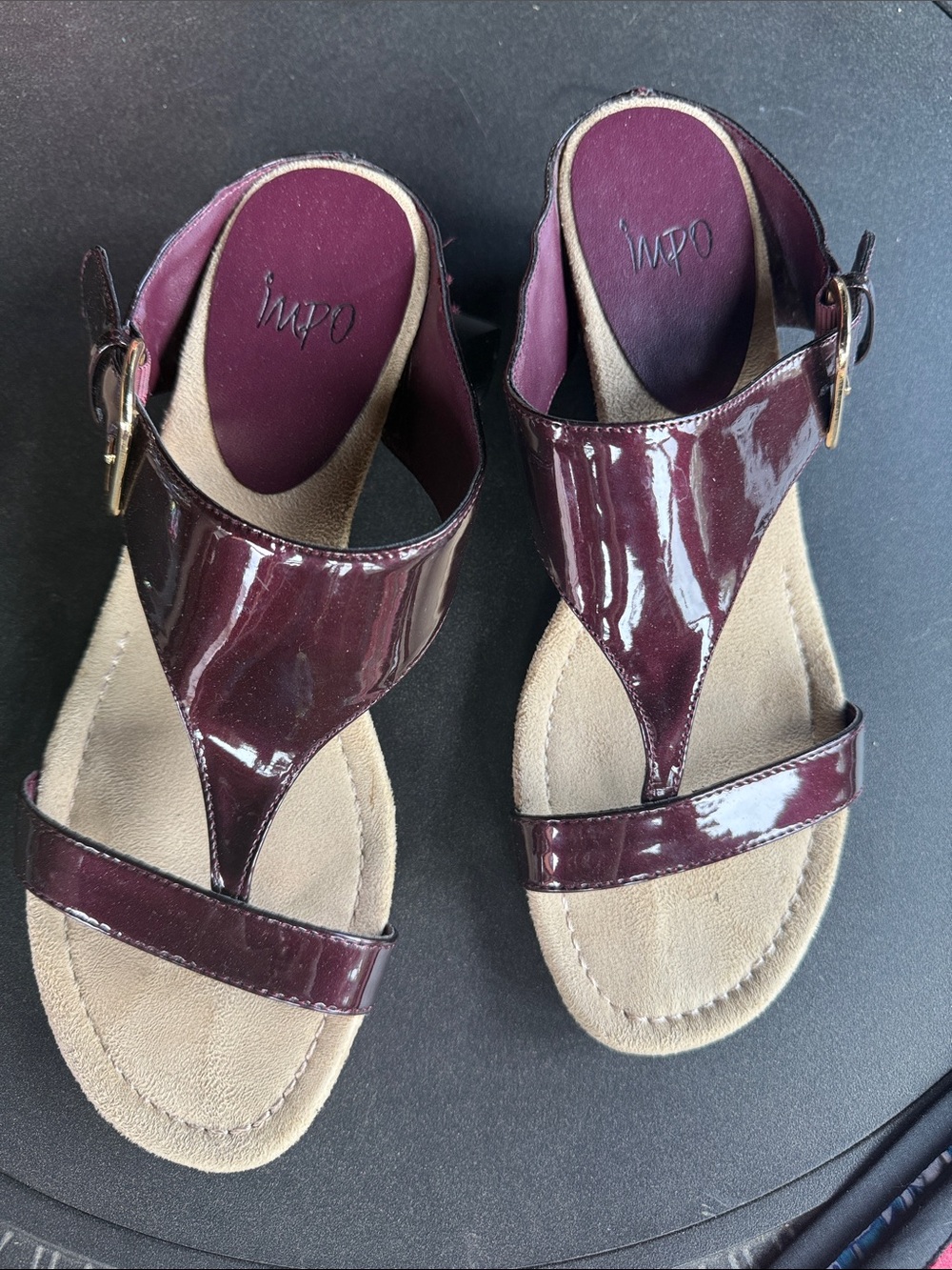 Impo Women's Patent T-Strap Sandals in Deep Burgundy